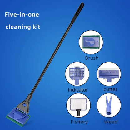 EW Fish Tank Glass Cleaning Brush Aquarium Tool Fishing Aquatic Grass Clip Algae Scraping Knife Long Handle Five-In-One Cleaning